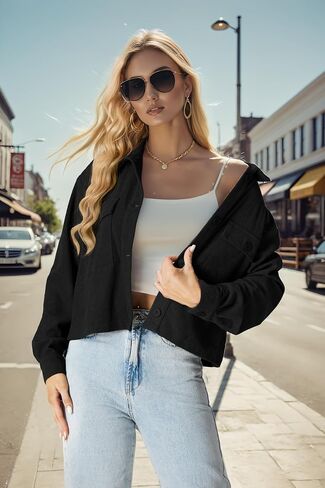 IWOLLENCE Women's Cropped Shacket Jacket Fashion Button Down Corduroy Shacket Jackets Casual Crop Shirts Fall Coat Tops in Saudi Arabia