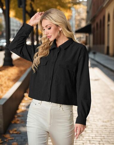 IWOLLENCE Women's Cropped Shacket Jacket Fashion Button Down Corduroy Shacket Jackets Casual Crop Shirts Fall Coat Tops in Saudi Arabia