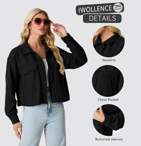 IWOLLENCE Women's Cropped Shacket Jacket Fashion Button Down Corduroy Shacket Jackets Casual Crop Shirts Fall Coat Tops in Saudi Arabia