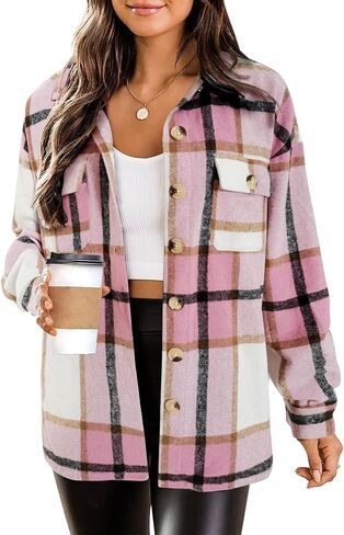 HOTOUCH Flannels for Women Shacket Jacket Fashion Plaid Button Down Shirt with Pocket Cropped 2024 Fall Coat Tops in Saudi Arabia