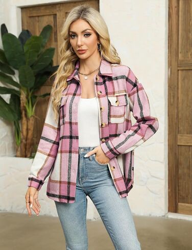 HOTOUCH Flannels for Women Shacket Jacket Fashion Plaid Button Down Shirt with Pocket Cropped 2024 Fall Coat Tops in Saudi Arabia