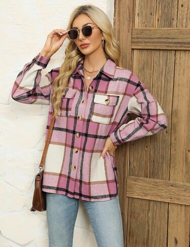 HOTOUCH Flannels for Women Shacket Jacket Fashion Plaid Button Down Shirt with Pocket Cropped 2024 Fall Coat Tops in Saudi Arabia