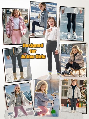 Girls Fleece Lined Leggings Thermal Full Length Pants Winter Warm Stretchy Athletic Leggings for Kids 4-15 Years in Kuwait