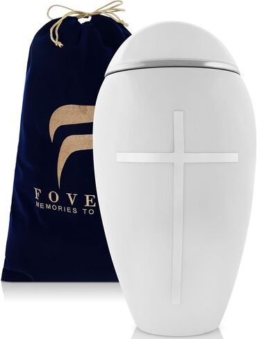 FOVERE - جرة دينية صغيرة للرماد البشري للبالغين من الذكور والإناث - جرة حرق الجثث البيضاء مع صليب فضي - 75 بوصة مكعبة - جرة تذكارية مزخرفة مصنوعة يدويًا مثالية لمشاركة رماد أحبائك in Kuwait