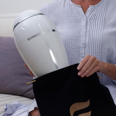 FOVERE - جرة دينية صغيرة للرماد البشري للبالغين من الذكور والإناث - جرة حرق الجثث البيضاء مع صليب فضي - 75 بوصة مكعبة - جرة تذكارية مزخرفة مصنوعة يدويًا مثالية لمشاركة رماد أحبائك in Kuwait