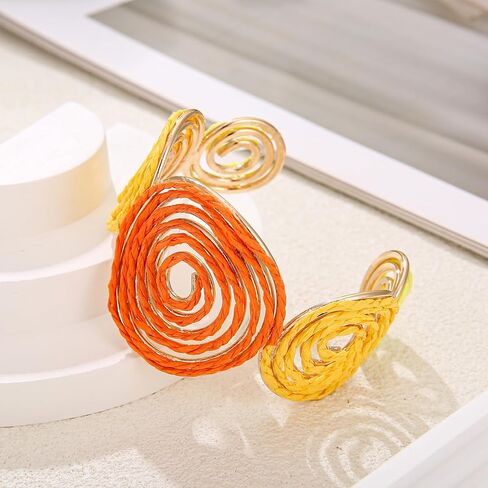 Raffia Spiral Cuff Bracelet for Women, Colorful Swirl Bangle Chunky Bangle Handmade Rattan Statement Bracelet in Saudi Arabia