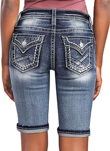Flamingals Women's Bermuda Jean Shorts Skinny Mid Waisted Stretch Flap Pocket Back Casual Cargo Denim Shorts in Saudi Arabia