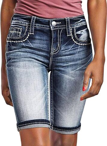 Flamingals Women's Bermuda Jean Shorts Skinny Mid Waisted Stretch Flap Pocket Back Casual Cargo Denim Shorts in Saudi Arabia