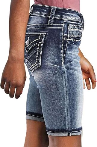 Flamingals Women's Bermuda Jean Shorts Skinny Mid Waisted Stretch Flap Pocket Back Casual Cargo Denim Shorts in Saudi Arabia