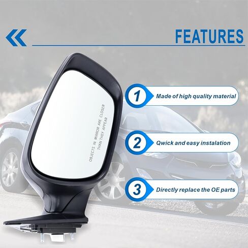 Right Passenger Side Mirror Compatible With 2011 2012 2013 Hyundai Elantra With Manual folding Power Glass Heated Black Replace#HY1321179(5Pins) in Kuwait