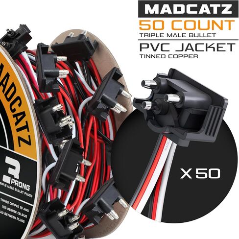 MADCATZ 20 Count Continuous 3 Prong Right Angle Plug Wire Harness Roll 18G Male Bullet Plugs 10-inch/25cm Lead Between Plugs for Tail Light, Trailer, Truck in Kuwait