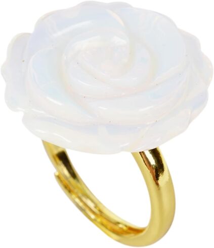 Justinstones Carved Natural Gemstone Daisy Flower Promise Ring 25mm Romantic Rose Bud Adjustable Stacking Ring Gift For Her (Adjustable size:8 to12) in Saudi Arabia