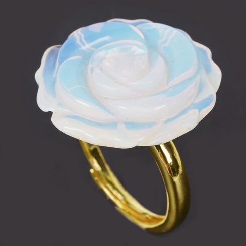 Justinstones Carved Natural Gemstone Daisy Flower Promise Ring 25mm Romantic Rose Bud Adjustable Stacking Ring Gift For Her (Adjustable size:8 to12) in Saudi Arabia