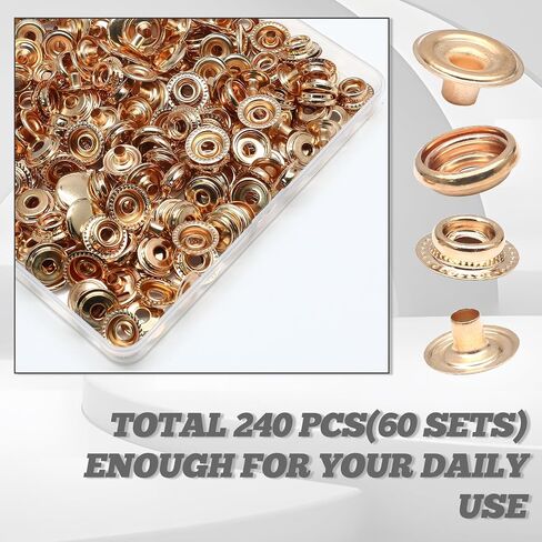 Bonsicoky 240 Pieces 15mm Stainless Steel Fastener Snap, Heavy Duty Snap Button Press Stud Cap for Boat Canvas Coats Bags Leathers DIY, Gold in Kuwait