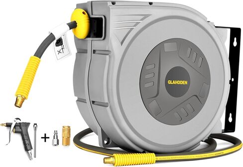 Enclosed Retractable Air Hose Reel, 3/8 in x 50 Ft Hybrid Hose Air Compressor Hose Reel with 5 Ft Lead in Max 300 PSI Patented Design for Any Length Lock 180°Swivel Bracket Quick Coupler in Kuwait