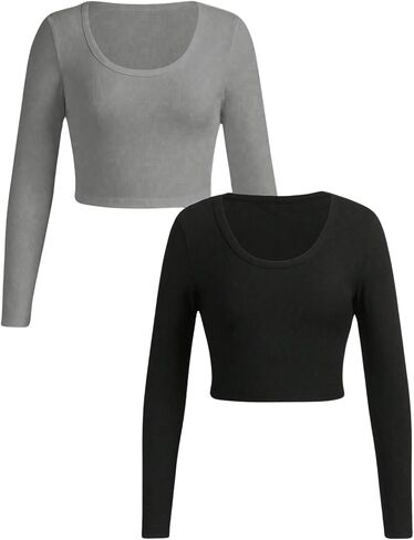 SOLY HUX Girl's Long Sleeve Crop Tops T Shirts 2 Piece Casual Ribbed Knit Round Neck Fitted Basic Tees Clothes in Saudi Arabia