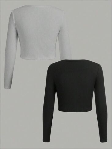 SOLY HUX Girl's Long Sleeve Crop Tops T Shirts 2 Piece Casual Ribbed Knit Round Neck Fitted Basic Tees Clothes in Saudi Arabia