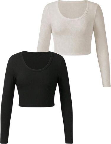 SOLY HUX Girl's Long Sleeve Crop Tops T Shirts 2 Piece Casual Ribbed Knit Round Neck Fitted Basic Tees Clothes in Saudi Arabia