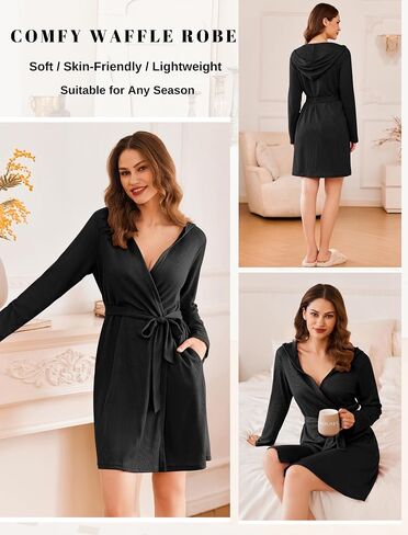 Ekouaer Robes for Women Waffle Knit Hooded Bathrobe Lightweight Robe Soft Knee Length Sleepwear with Pockets in Saudi Arabia