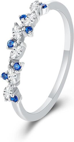Art Deco 0.07 Carat Created Blue Sapphire Stackable 925 Silver Wedding Ring Gift, 0.27 ctw Marquise White Cubic Zirconia Sterling Silver Wedding Band for Women, Half Eternity Birthstone Promise Ring for Her with Gold Plating 4-9 Size in Saudi Arabia