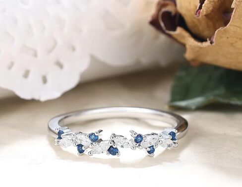Art Deco 0.07 Carat Created Blue Sapphire Stackable 925 Silver Wedding Ring Gift, 0.27 ctw Marquise White Cubic Zirconia Sterling Silver Wedding Band for Women, Half Eternity Birthstone Promise Ring for Her with Gold Plating 4-9 Size in Saudi Arabia