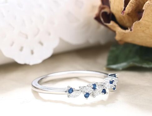 Art Deco 0.07 Carat Created Blue Sapphire Stackable 925 Silver Wedding Ring Gift, 0.27 ctw Marquise White Cubic Zirconia Sterling Silver Wedding Band for Women, Half Eternity Birthstone Promise Ring for Her with Gold Plating 4-9 Size in Saudi Arabia