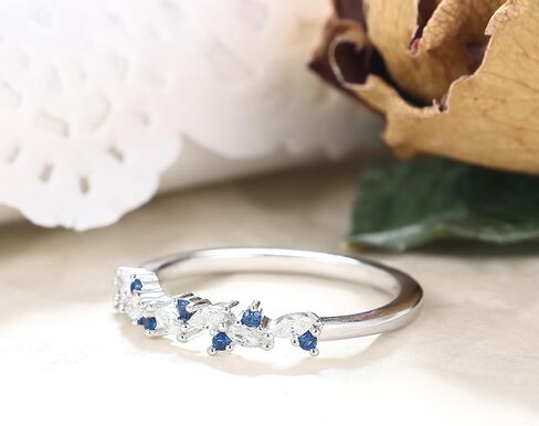 Art Deco 0.07 Carat Created Blue Sapphire Stackable 925 Silver Wedding Ring Gift, 0.27 ctw Marquise White Cubic Zirconia Sterling Silver Wedding Band for Women, Half Eternity Birthstone Promise Ring for Her with Gold Plating 4-9 Size in Saudi Arabia