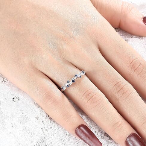 Art Deco 0.07 Carat Created Blue Sapphire Stackable 925 Silver Wedding Ring Gift, 0.27 ctw Marquise White Cubic Zirconia Sterling Silver Wedding Band for Women, Half Eternity Birthstone Promise Ring for Her with Gold Plating 4-9 Size in Saudi Arabia