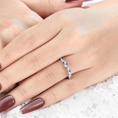 Art Deco 0.07 Carat Created Blue Sapphire Stackable 925 Silver Wedding Ring Gift, 0.27 ctw Marquise White Cubic Zirconia Sterling Silver Wedding Band for Women, Half Eternity Birthstone Promise Ring for Her with Gold Plating 4-9 Size in Saudi Arabia