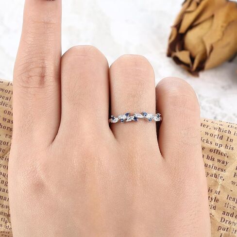 Art Deco 0.07 Carat Created Blue Sapphire Stackable 925 Silver Wedding Ring Gift, 0.27 ctw Marquise White Cubic Zirconia Sterling Silver Wedding Band for Women, Half Eternity Birthstone Promise Ring for Her with Gold Plating 4-9 Size in Saudi Arabia