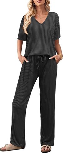 Ekouaer Lounge Sets for Women Short Sleeve Top and Long Pants Ribbed Knit Pajama Set 2 Piece PJ Sets Outfits in Saudi Arabia