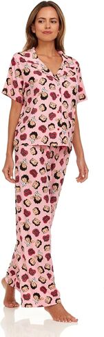 Betty Boop Women’s Pajama Set, Soft Stretchy Pajamas with Pants and Short Sleeve, Notch Collar & Button Down Top in Saudi Arabia