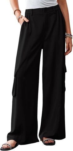 Dokotoo Women's Wide Leg Pants 2024 Flowy Casual Trendy Pants Straight Leg High Waist Stretch Palazzo Pants with 4 Pockets in Kuwait