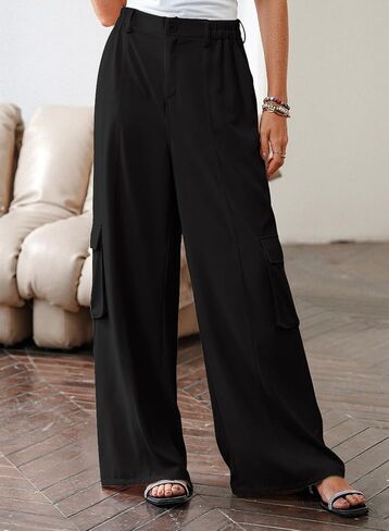 Dokotoo Women's Wide Leg Pants 2024 Flowy Casual Trendy Pants Straight Leg High Waist Stretch Palazzo Pants with 4 Pockets in Kuwait