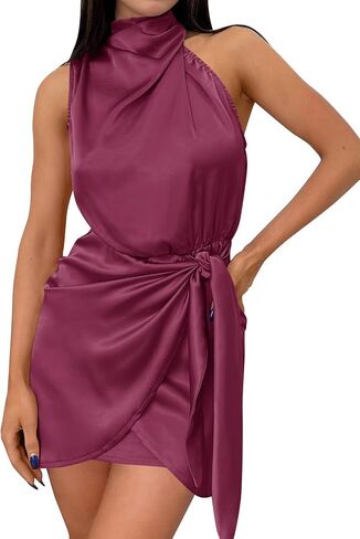 ZESICA Women's 2024 Fashion Satin Sleeveless Halter Neck Tie Waist Wrap Bodycon Cocktail Party Mini Dress in Saudi Arabia