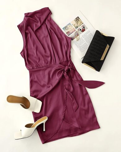 ZESICA Women's 2024 Fashion Satin Sleeveless Halter Neck Tie Waist Wrap Bodycon Cocktail Party Mini Dress in Saudi Arabia