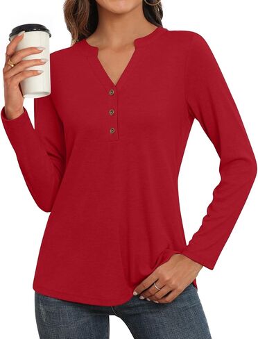 Aodemo Womens Fall Henley Tops Notch V Neck Tunic Button Up Shirt Long Sleeve Loose Blouse Winter Dressy Sweatshirt in Saudi Arabia