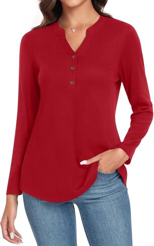 Aodemo Womens Fall Henley Tops Notch V Neck Tunic Button Up Shirt Long Sleeve Loose Blouse Winter Dressy Sweatshirt in Saudi Arabia