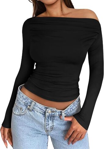 OFEEFAN Women's Off The Shoulder Tops Ruched Y2K Long Sleeve Shirts in Saudi Arabia