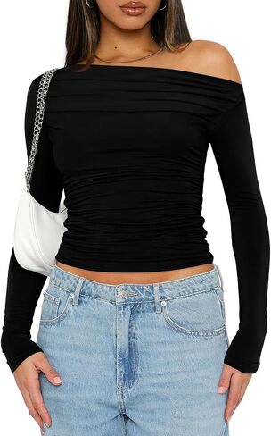 OFEEFAN Women's Off The Shoulder Tops Ruched Y2K Long Sleeve Shirts in Saudi Arabia