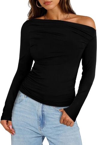 OFEEFAN Women's Off The Shoulder Tops Ruched Y2K Long Sleeve Shirts in Saudi Arabia