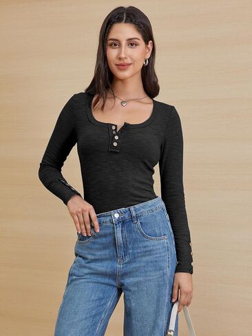 ATHMILE Women's Long Sleeve Shirts Casual Fall Henley Top Button Down Blouses Basic Ribbed Knit T Shirts 2024 in Kuwait