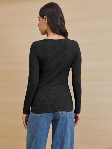 ATHMILE Women's Long Sleeve Shirts Casual Fall Henley Top Button Down Blouses Basic Ribbed Knit T Shirts 2024 in Kuwait