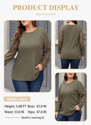 Eytino Womens Plus Size Tops Lace Long Sleeve Waffle T Shirts Casual Crewneck Tunic Tops(1X-5X) in Kuwait