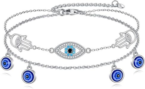 Evil Eye Anklet Sterling Silver Evil Eye and Hamsa Layered Anklet Bracelet Good Luck Protection Anklet Jewelry for Women in Saudi Arabia