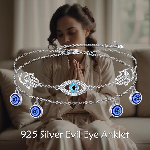 Evil Eye Anklet Sterling Silver Evil Eye and Hamsa Layered Anklet Bracelet Good Luck Protection Anklet Jewelry for Women in Saudi Arabia