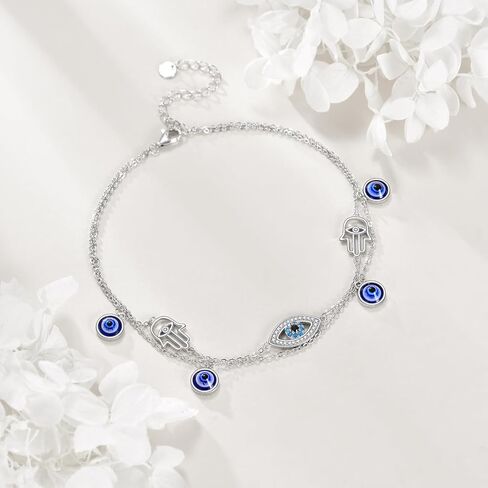 Evil Eye Anklet Sterling Silver Evil Eye and Hamsa Layered Anklet Bracelet Good Luck Protection Anklet Jewelry for Women in Saudi Arabia