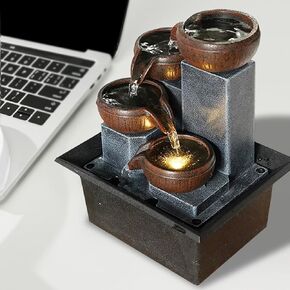 Waterfall Fountain Indoor Tabletop Water Fountain 4 Tier Metal Circulating Fountain Water Small Fountain Zen Water Fountain Indoor Water Fountains Tabletop for Zen Home Decor (A)