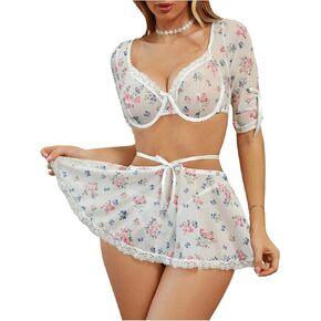 Women's Lace Trim Floral Underwire Lingerie Sets Cute Sheer Babydoll Lingerie Skirts Chemise Sleepwear Set