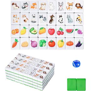GRACIAS 4 Players Mahjong Block Set, 128 Green Tiles(1.18") with Animal and Food Pattern, Portable Mahjong Set with A Carry Bag, Mahjong Tile Game